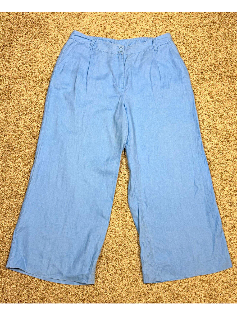 Coldwater Creek Size 14 Blue 100% Linen Wide Leg Cropped Pants Coastal Classic